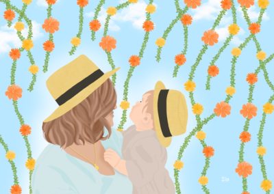 mère et enfant parmi des guirlandes de fleurs