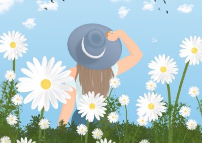 marguerite et une femme tenant son chapeau